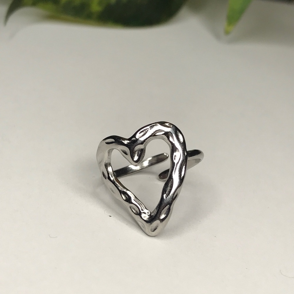 Women Stainless Steel Heart Ring Adjustable Size 7
